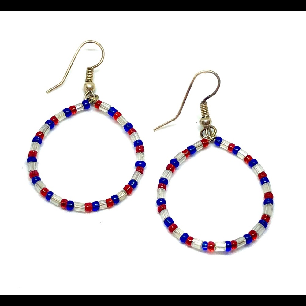Red White and Blue USA Colors Beaded Hoops Hoop Earrings 1.12" Patriotic Summer